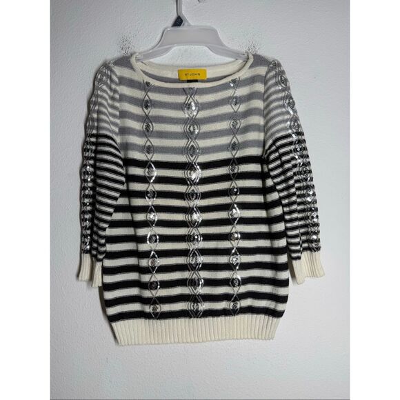 St. John Sequined Striped Sweater Size S Black White Made in USA - Picture 1 of 9
